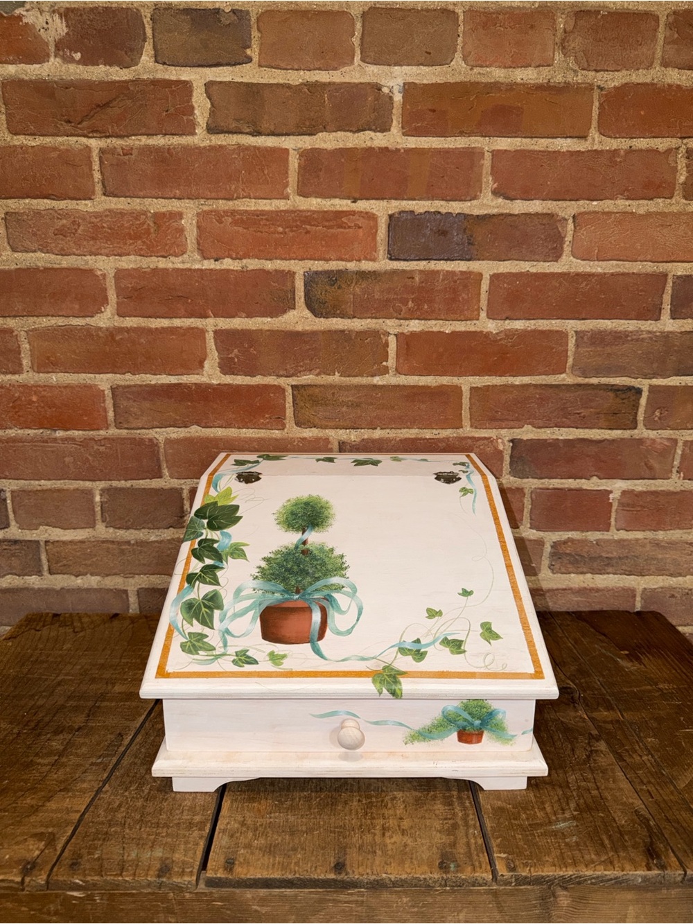 Vintage Hand Painted Wooden Slant Top Recipe Box Drawer Ivy Topiary Cottagecore